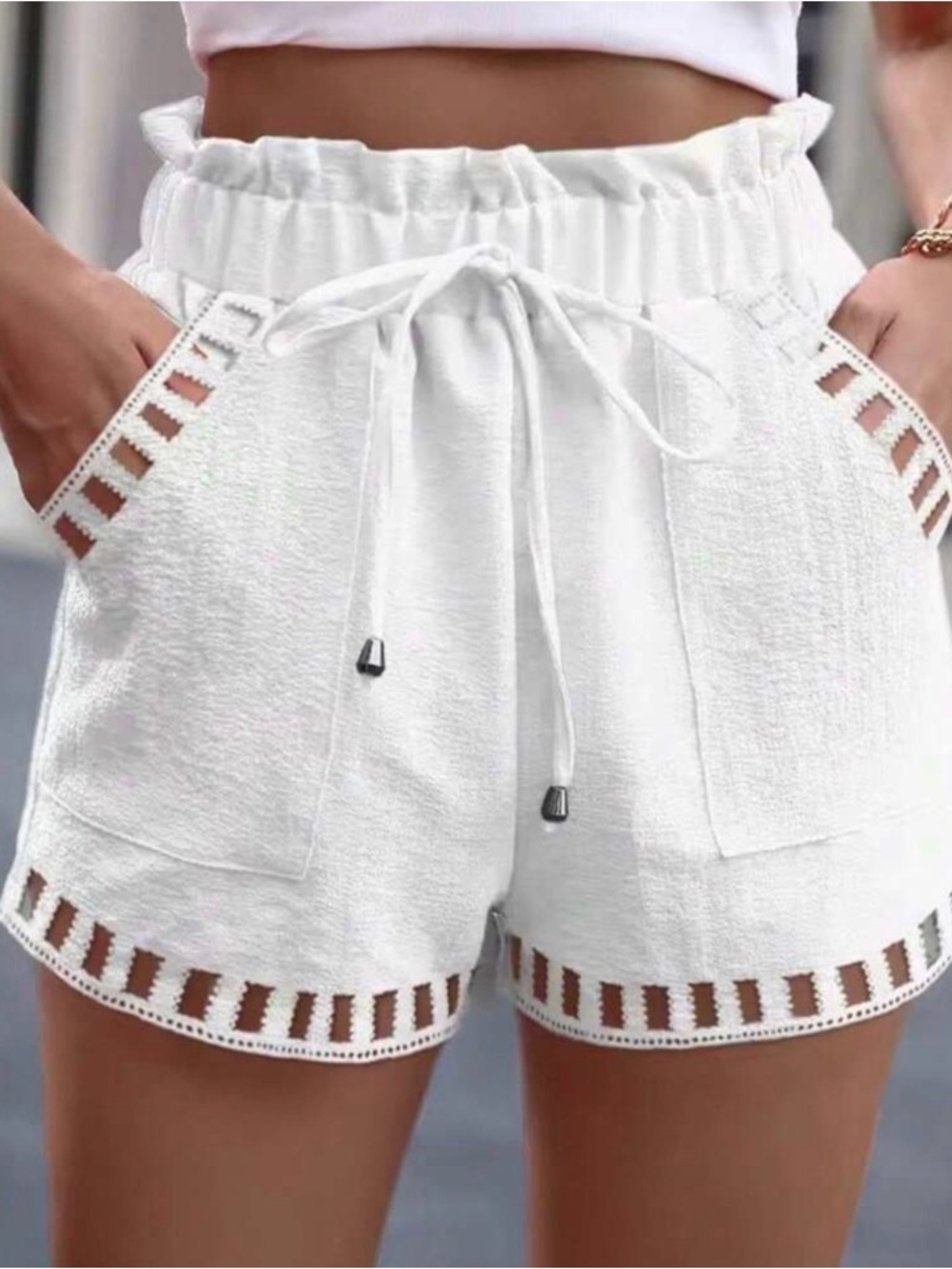 SHEIN White High Waist Crochet-Trim Drawstring Shorts